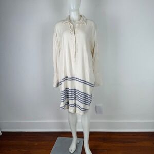 Free People Women Cream Blue Striped Henley Tunic Dress Pockets Large L